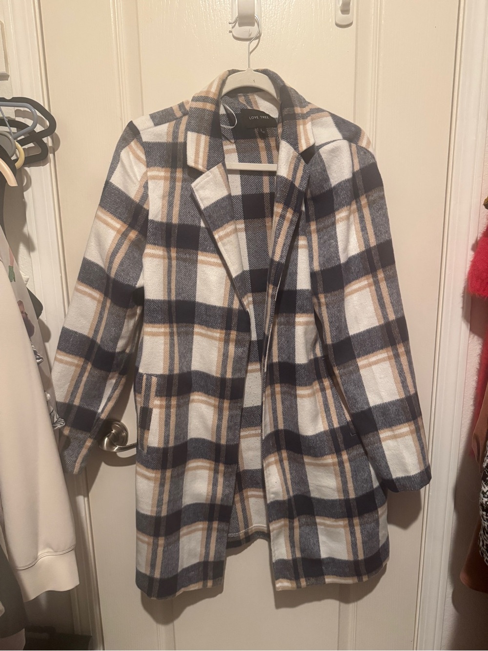 Love Tree Navy, Cream & Tan Plaid Pea Coat
